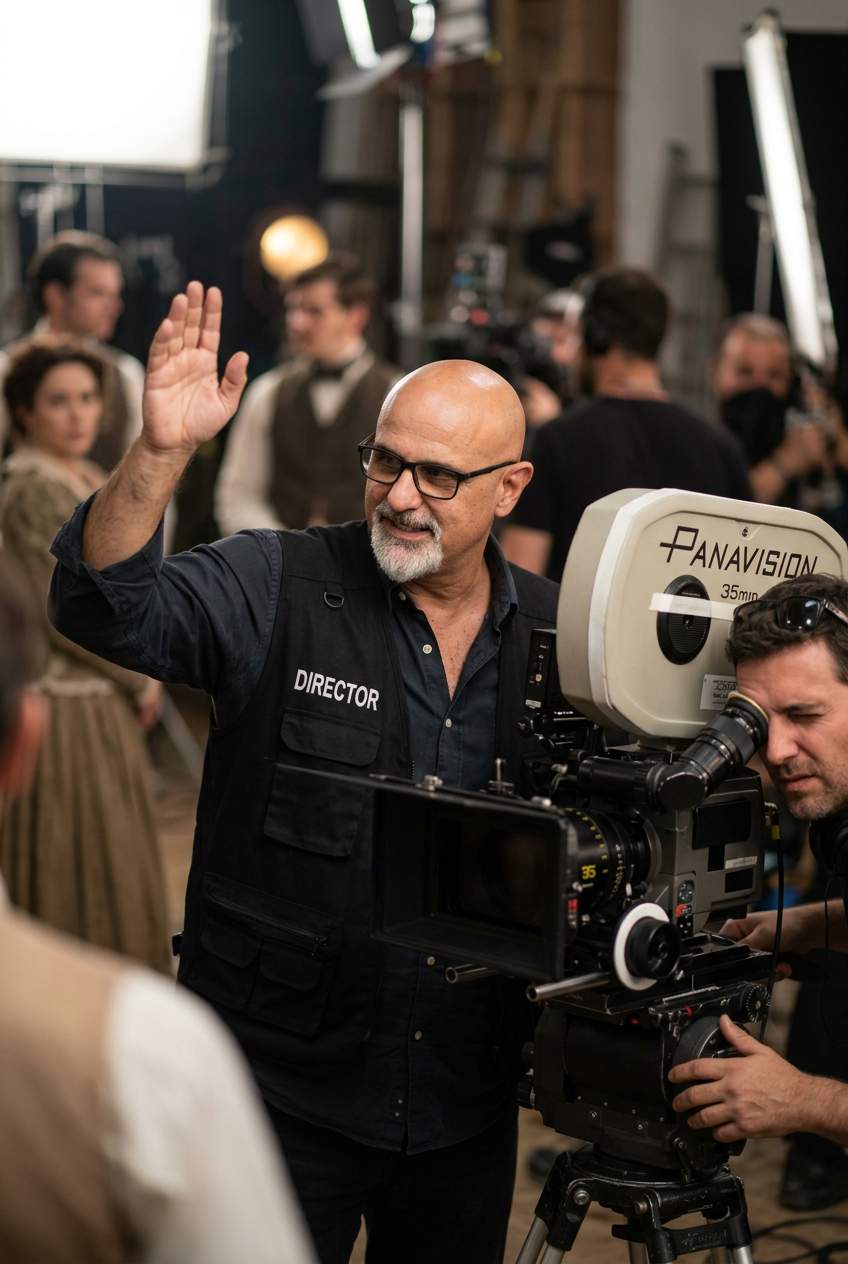 Edu Santoro com colete DIRECTOR em set de cinema, ao lado de câmera Panavision 35mm